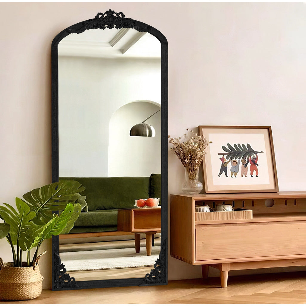 Arched Full-Length Solid Wood Carving Floor Mirror