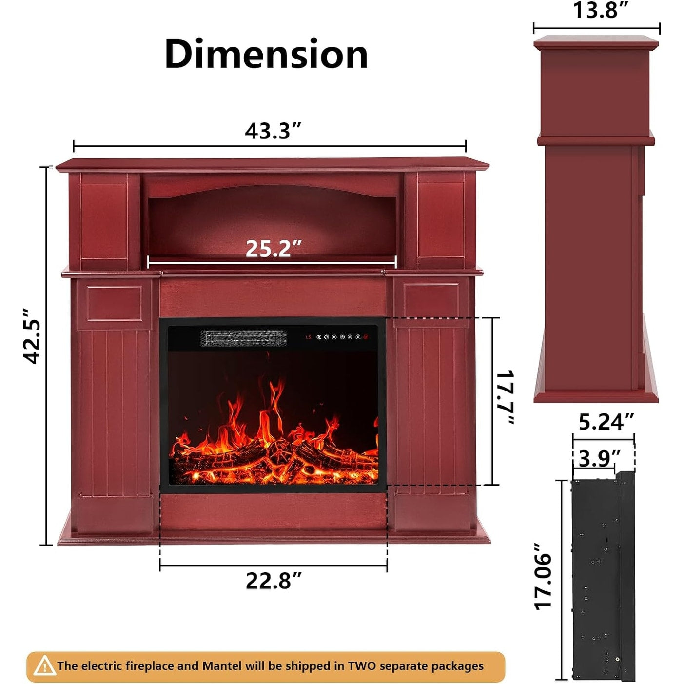 BOSSIN 43 Electric Fireplace with Mantel, 23 inch Electric Fireplace Insert,Freestanding TV Stand with Fireplace Wooden Firebox