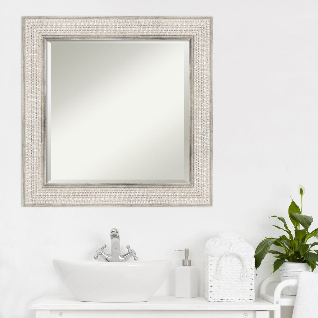 Beveled Wood Bathroom Wall Mirror - Trellis Silver Frame - Trellis Silver