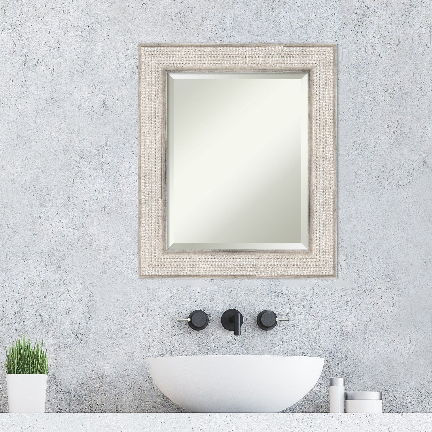 Beveled Wood Bathroom Wall Mirror - Trellis Silver Frame - Trellis Silver