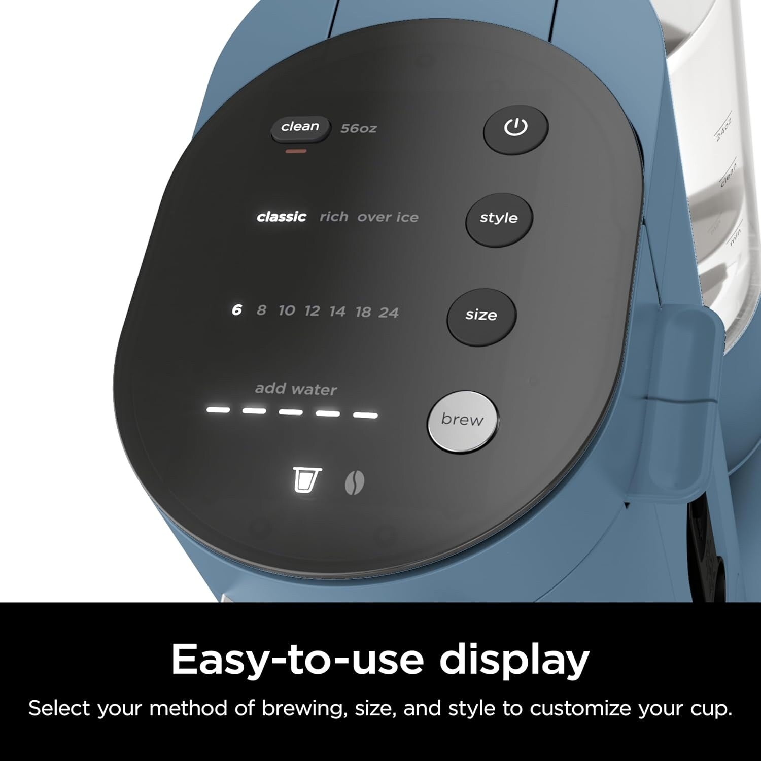 Blue Single-Serve Coffee Maker, K-Cup Compatible, 56oz Reservoir, 6-24oz Brew Sizes, Compact