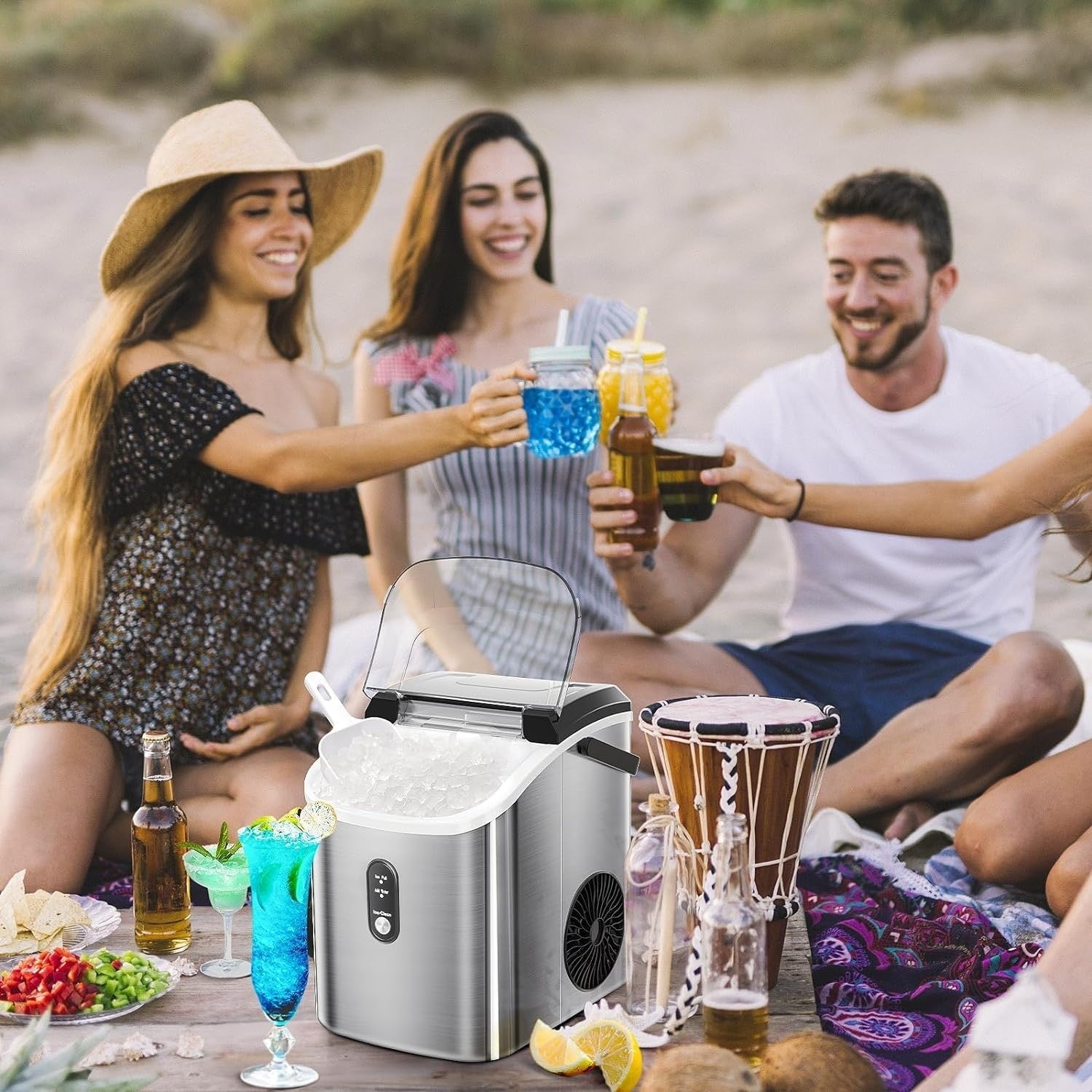 Nugget Ice Portable Countertop Ice Maker with Mechanical Buttons, Equipped with Ice Basket and Ice Scoop, Stainless Steel