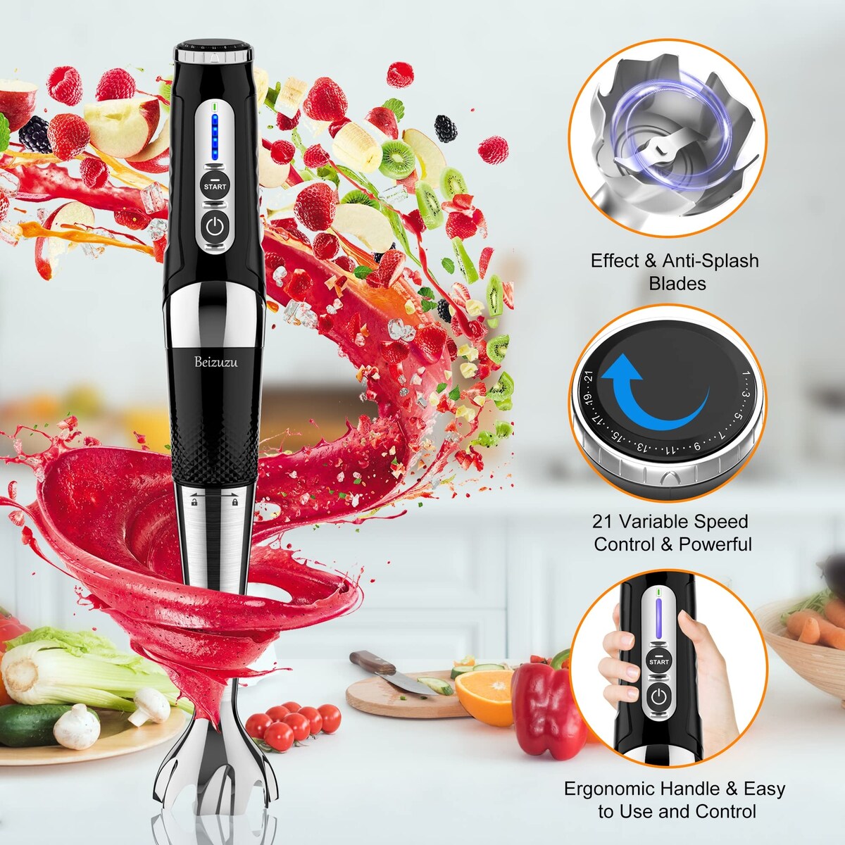 Cordless Hand Blender: 4-in-1 USB Rechargeable Immersion Blender, 21 Variable Speeds & 3-Angle Adjustable with 700ml Chopper