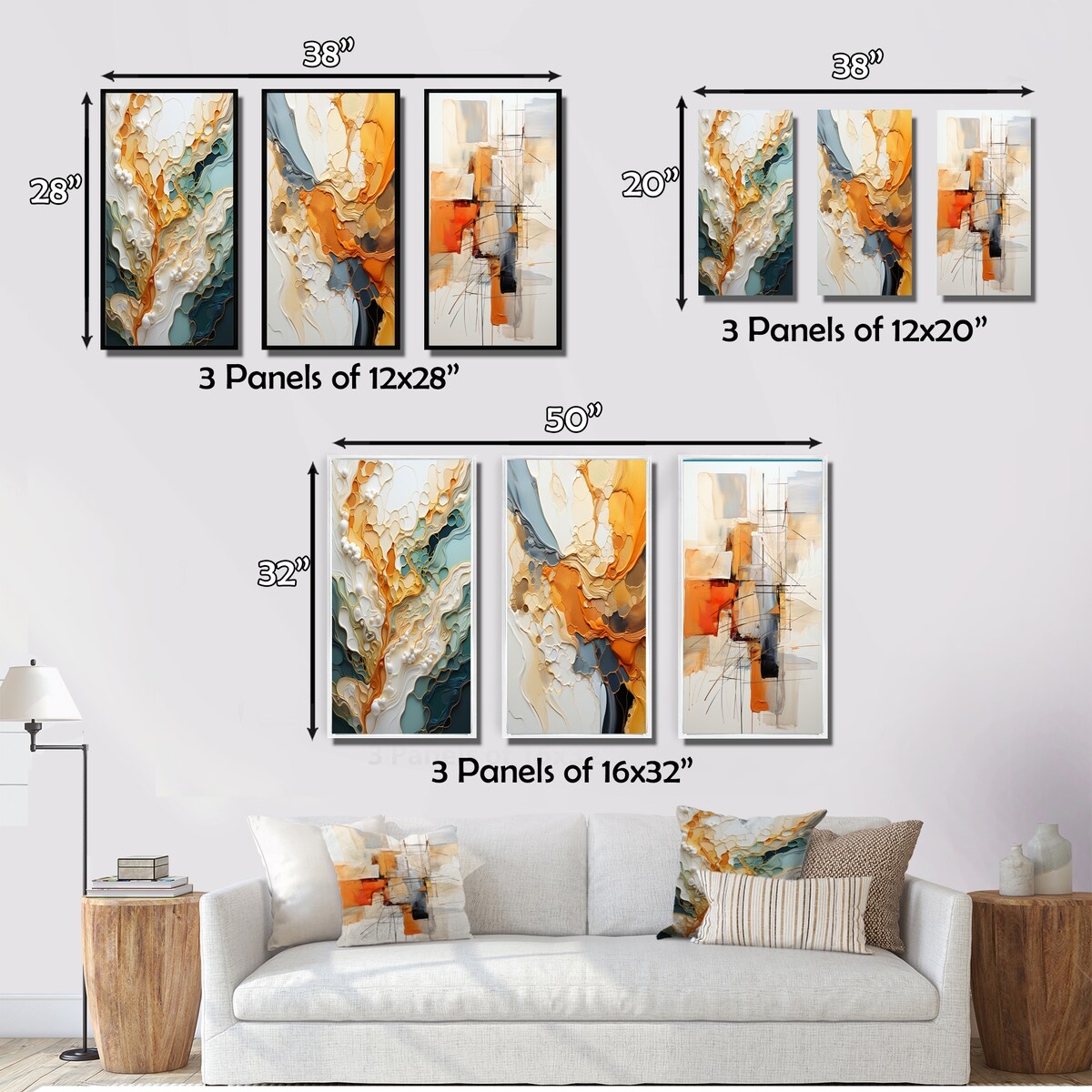 Designart Orange White Line Art Organic Abstraction Abstract Framed Wall Art Set Of 3 For Living Room Decor