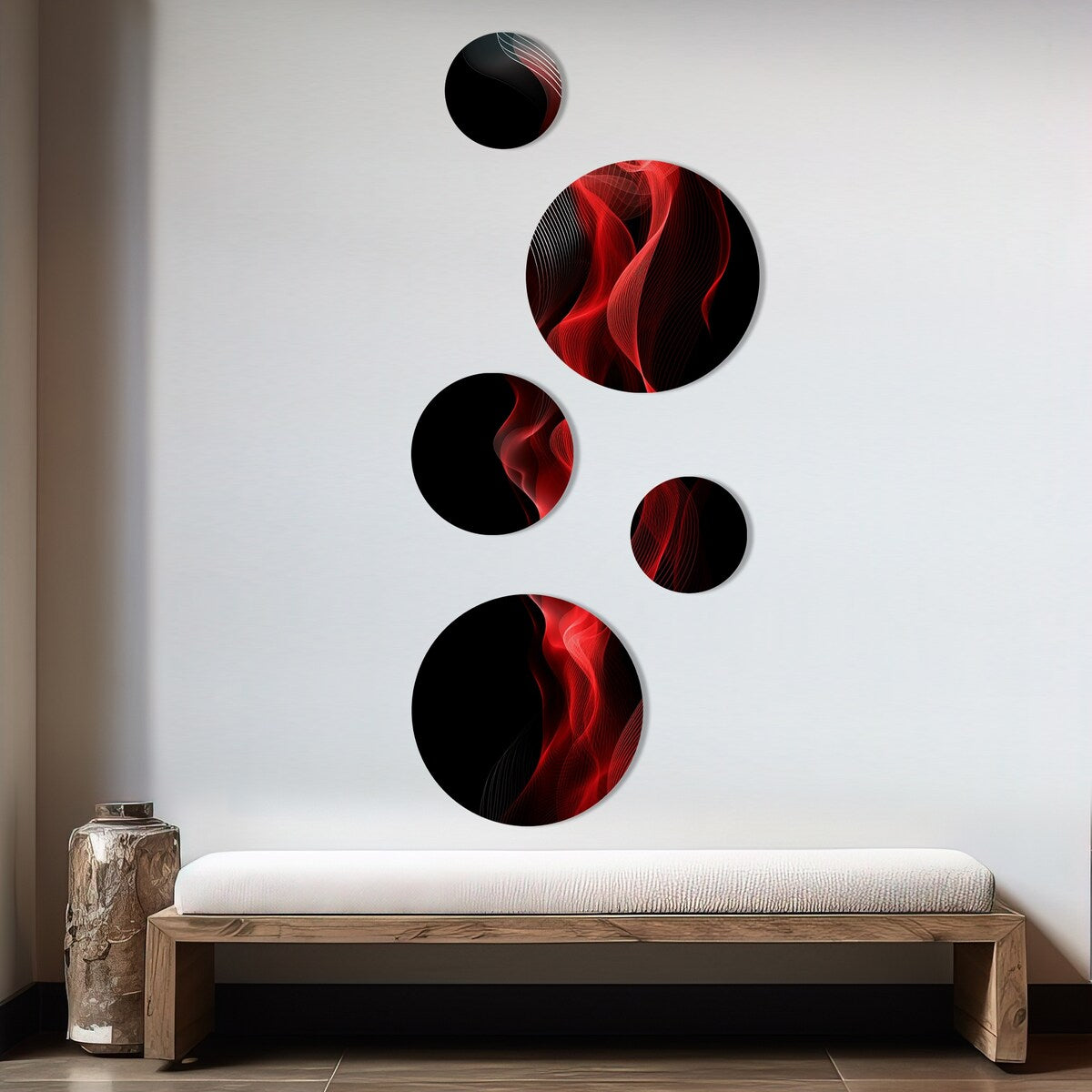 Designart Red Black Contemplative Abstraction IX Modern Waves Metal Round Wall Art Set Of 5