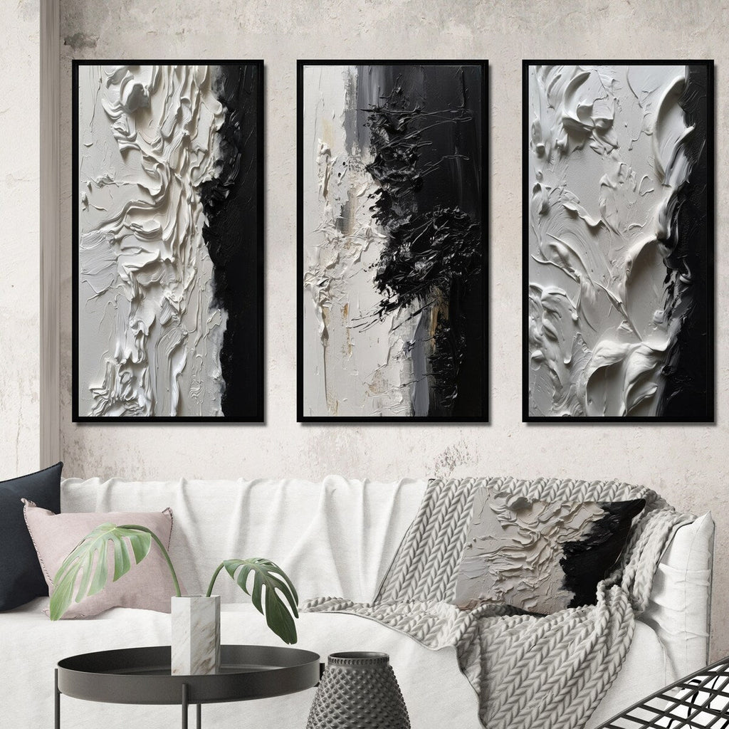 Designart White And Black Tranquility Unleashed III Abstract Marble Framed Wall Art Set Of 3 For Office Decor