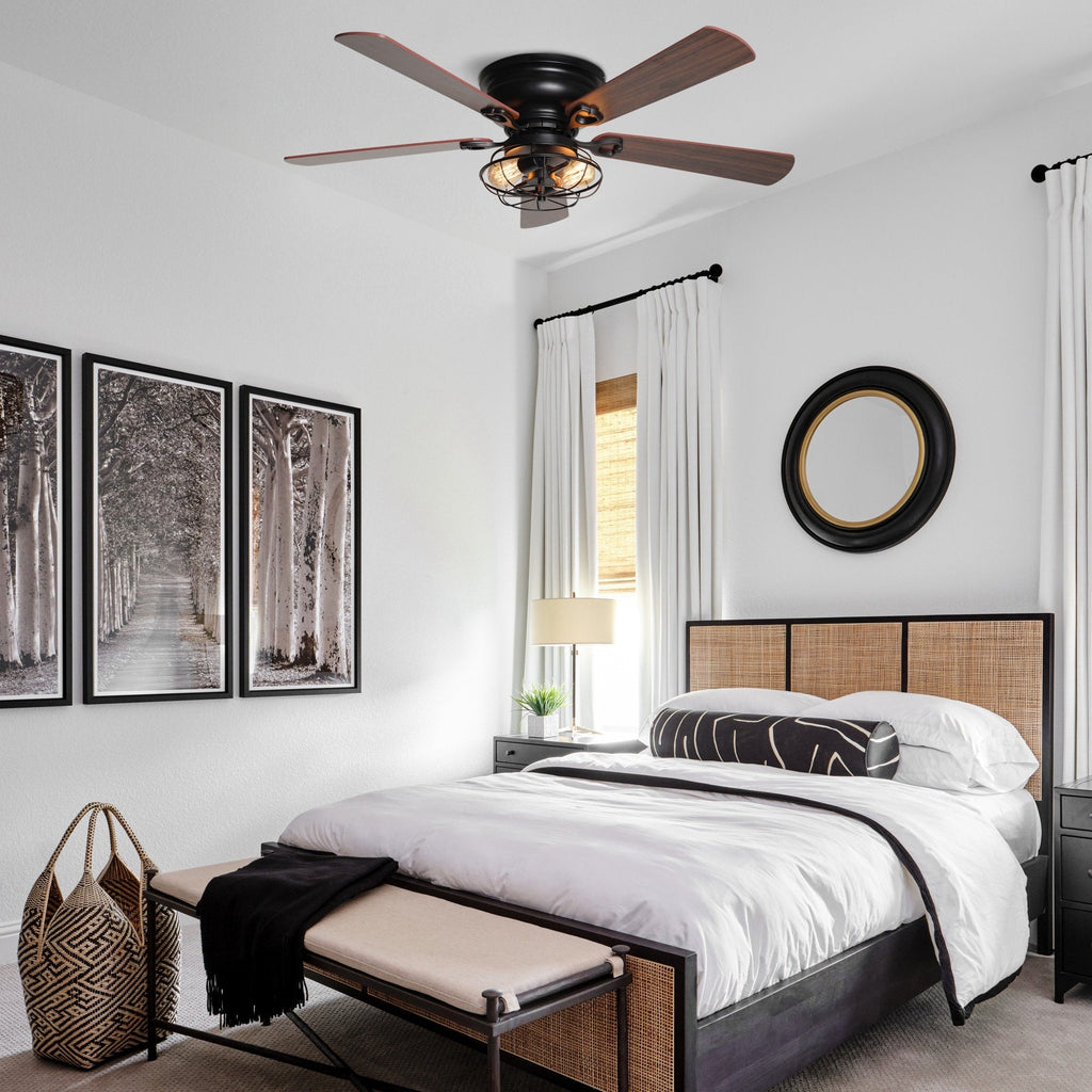 Farmhouse 48-in Wood 5-Blade Low Profile Flush Mount Black Ceiling Fan with Remote and Light Kit