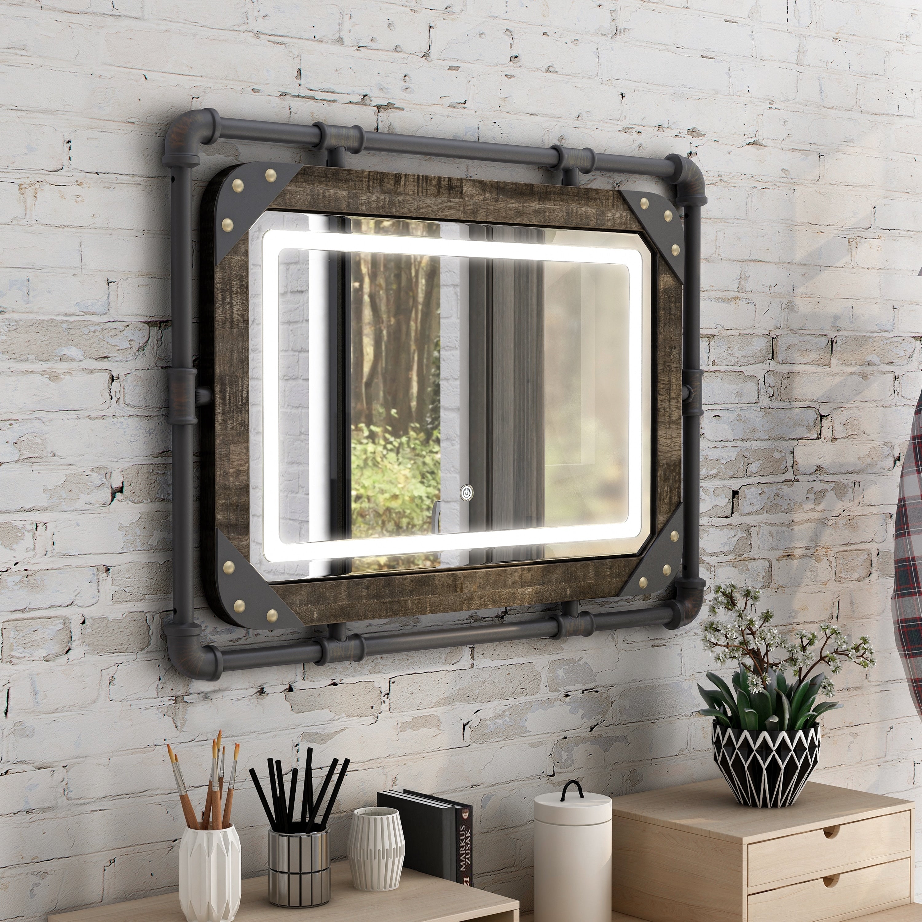 Furniture of America Inyo Industrial Metal Wall Mirror with LED Lights