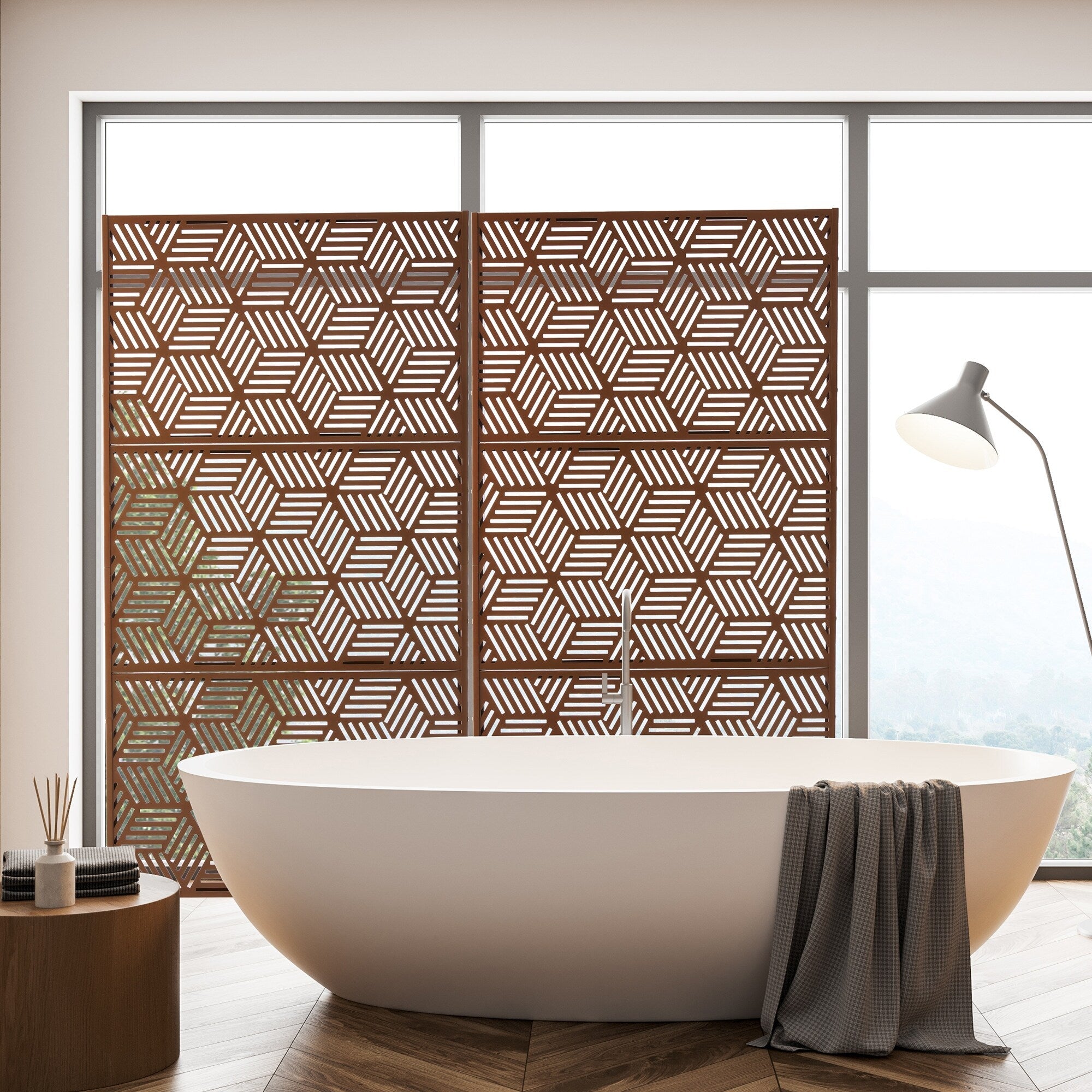 Glitzhome 6ft Galvanized Floral Patterned 3-Panel Privacy Screen Room Divider Fences