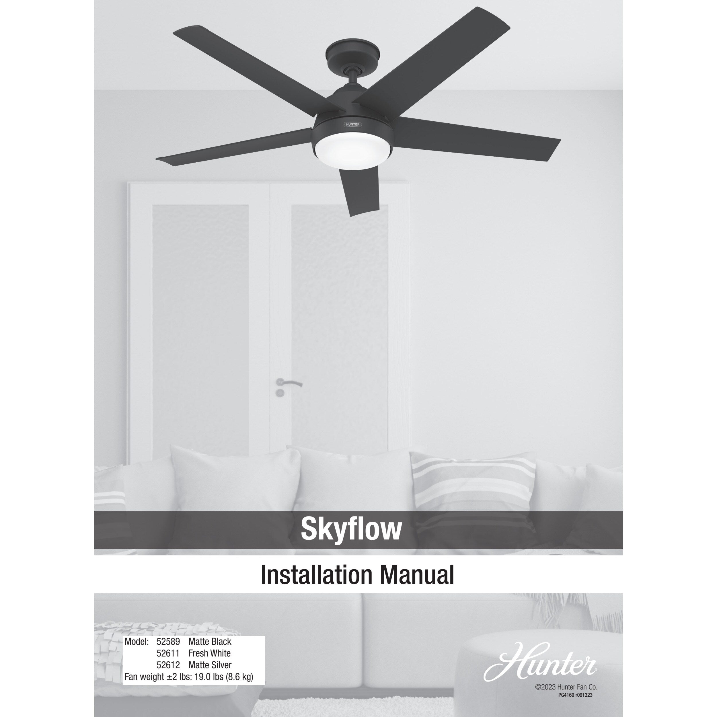 Hunter 52 Skyflow Outdoor Ceiling Fan w/ LED Light Kit, Wall Control - Coastal Modern Contemporary - WeatherMax - WET-RATED!