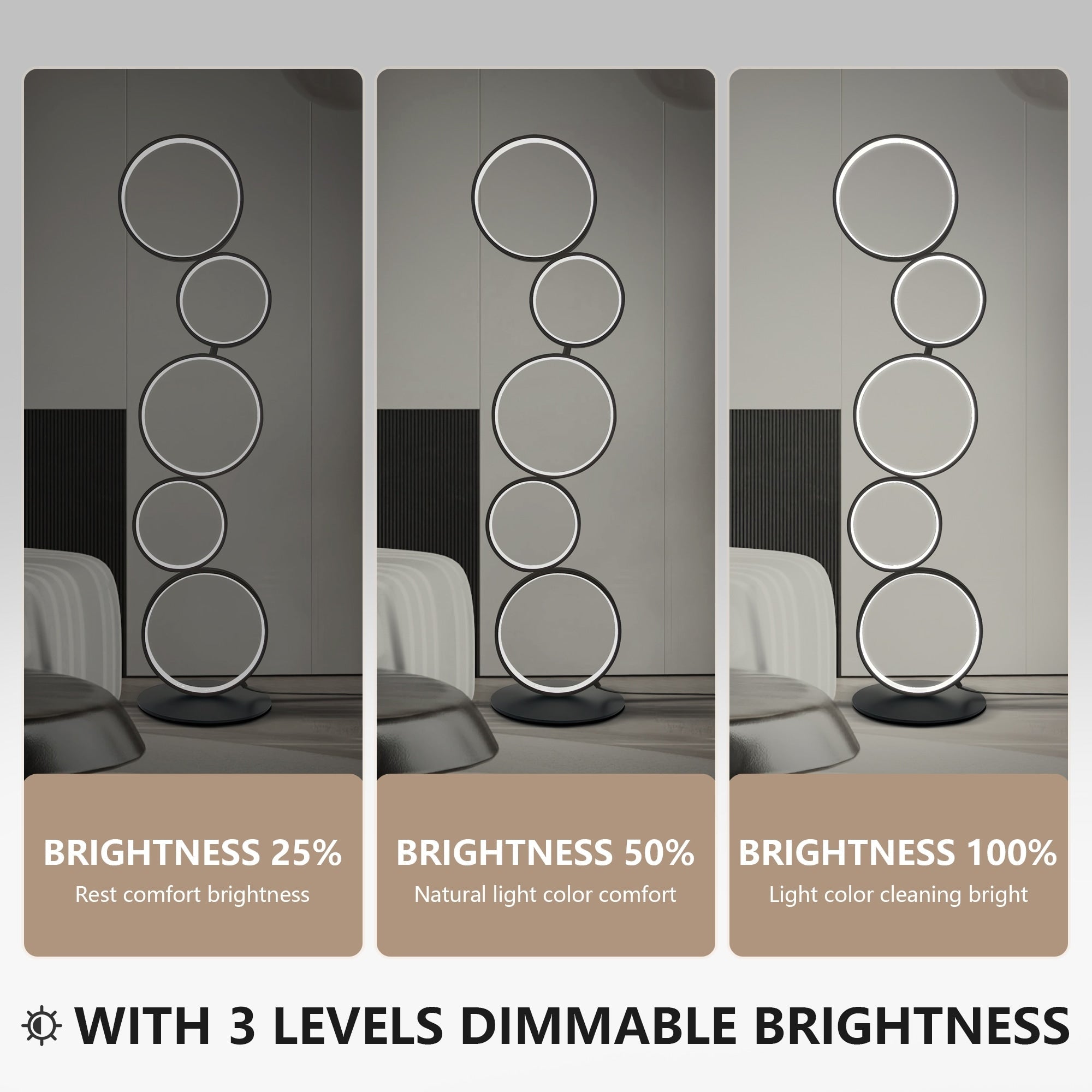 LED Modern Dimmable Floor Lamp, 3 Way Bright Corner Stand lamp with 5-Ring for Living Room