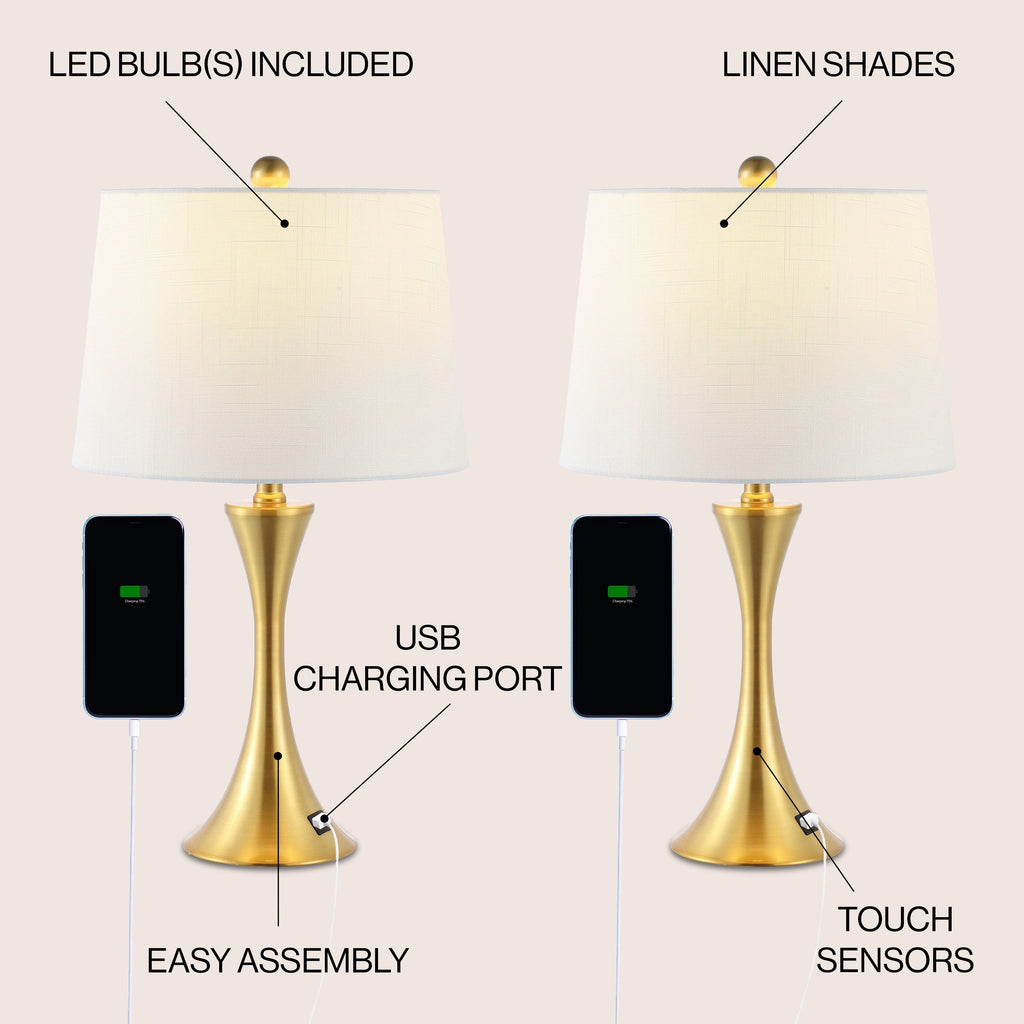 Makena 22.75 Modern Glam Iron Hourglass LED Table Lamp with USB Charging Port, (Set of 2) by JONATHAN Y