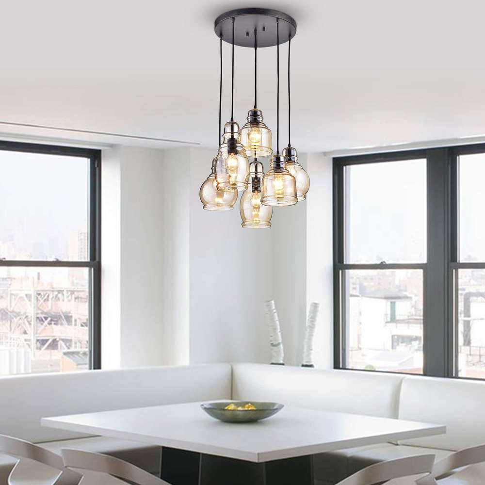 Mariana Cognac Glass Antique Black and Round Base 6-light Pendant