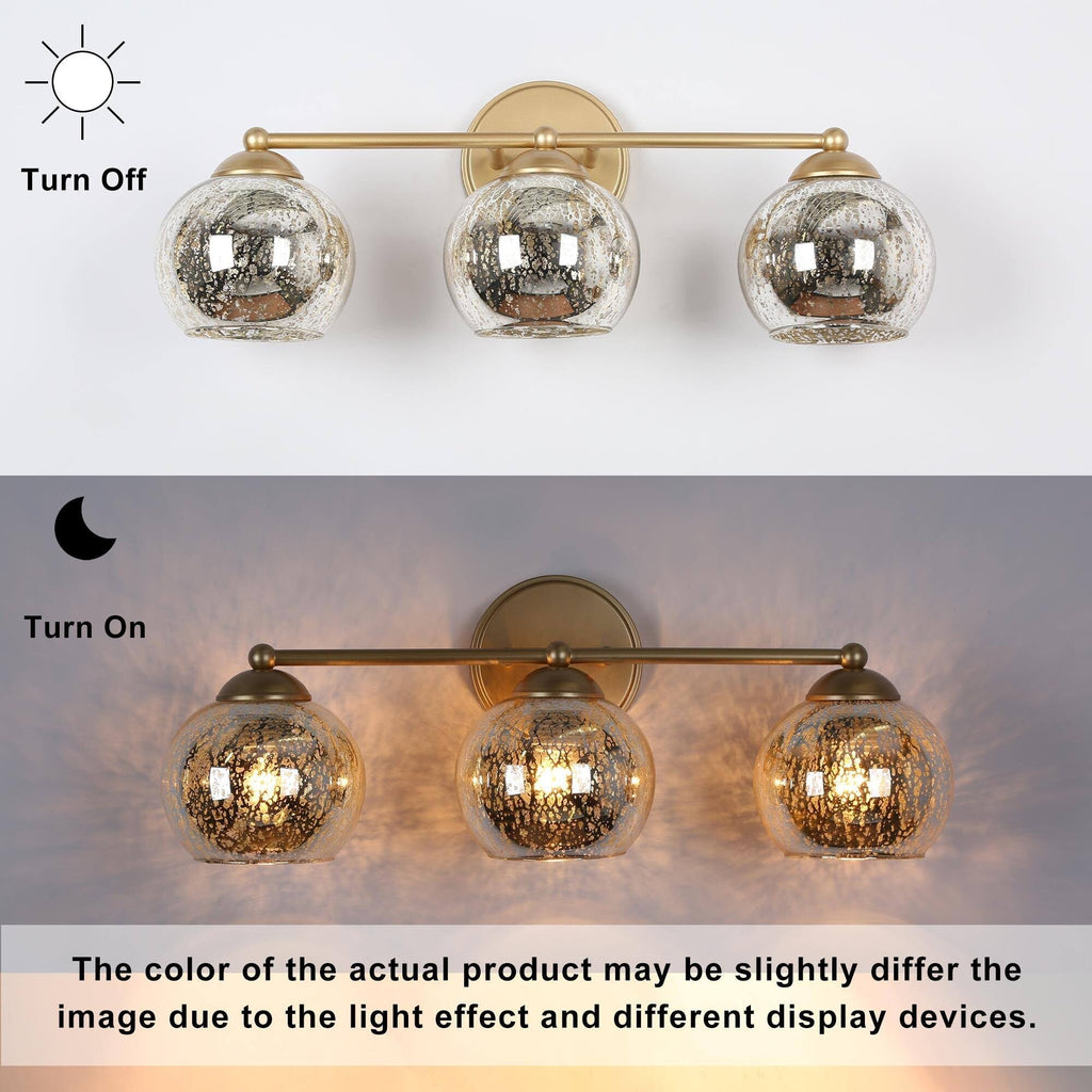 Mid-Century Modern Glam Gold Bathroom Vanity Light 3-Light Wall Lamp with Mercury Glass - 21 L x 7 W x 8 H