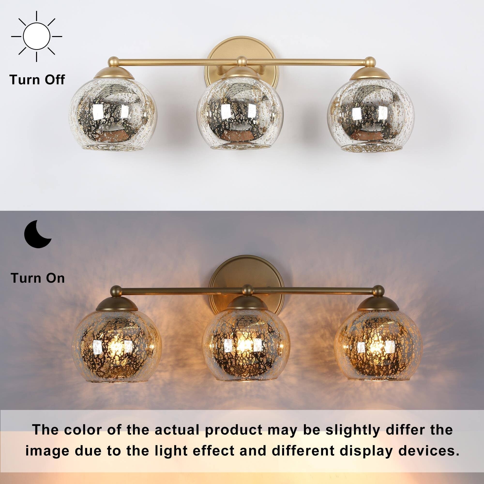 Mid-Century Modern Glam Gold Bathroom Vanity Light 3-Light Wall Lamp with Mercury Glass - 21 L x 7 W x 8 H