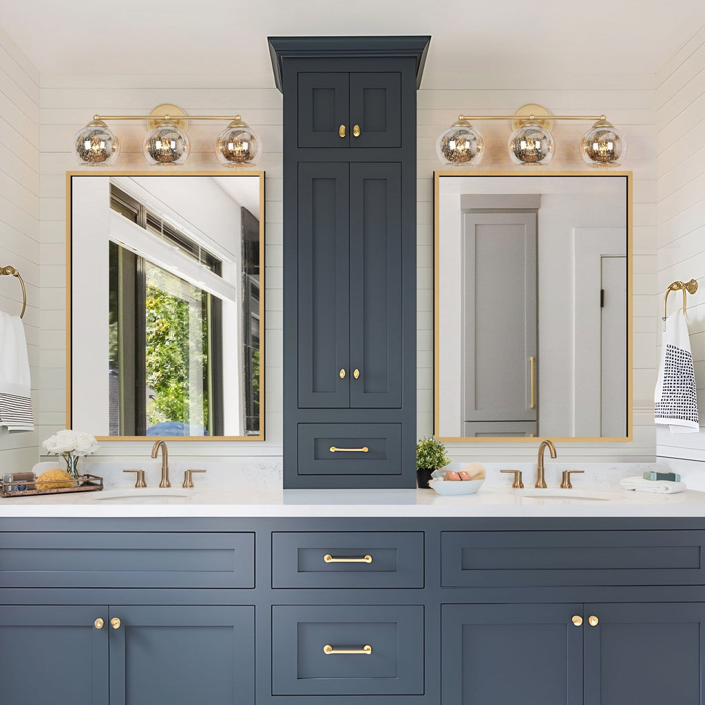 Mid-Century Modern Glam Gold Bathroom Vanity Light 3-Light Wall Lamp with Mercury Glass - 21 L x 7 W x 8 H