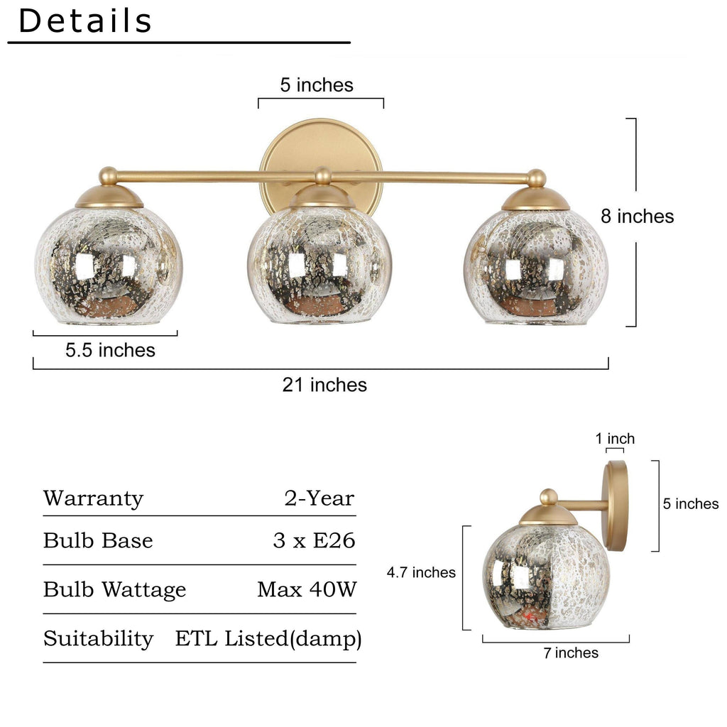 Mid-Century Modern Glam Gold Bathroom Vanity Light 3-Light Wall Lamp with Mercury Glass - 21 L x 7 W x 8 H