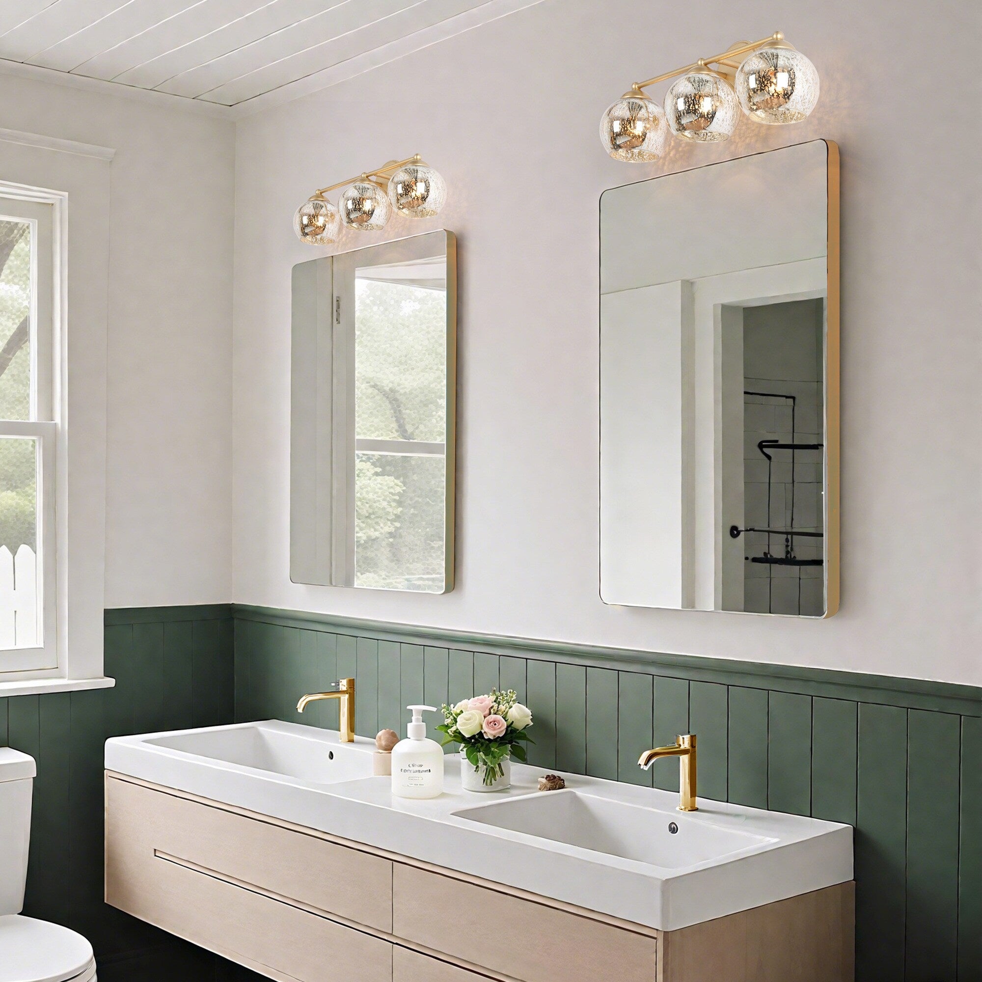 Mid-Century Modern Glam Gold Bathroom Vanity Light 3-Light Wall Lamp with Mercury Glass - 21 L x 7 W x 8 H