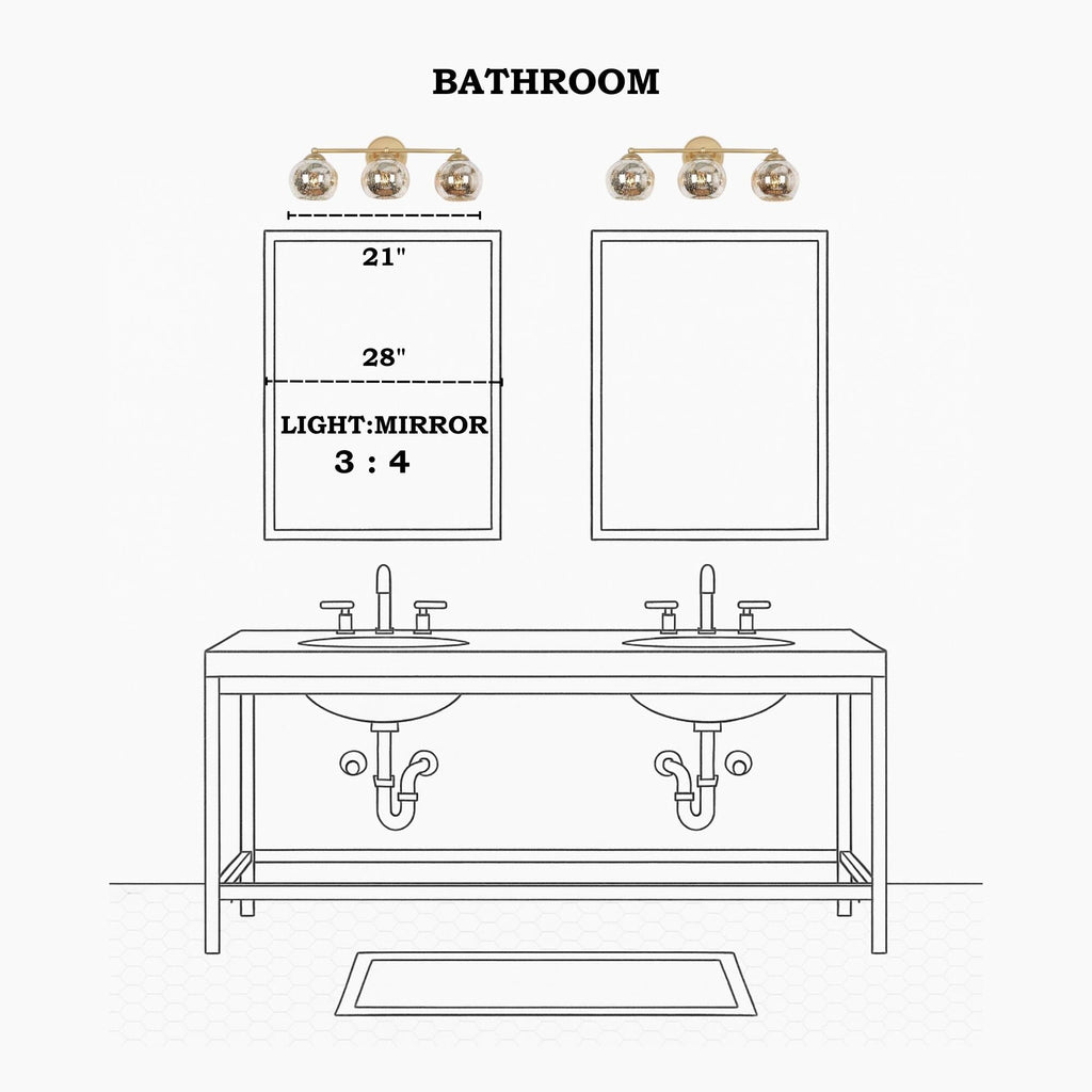 Mid-Century Modern Glam Gold Bathroom Vanity Light 3-Light Wall Lamp with Mercury Glass - 21 L x 7 W x 8 H
