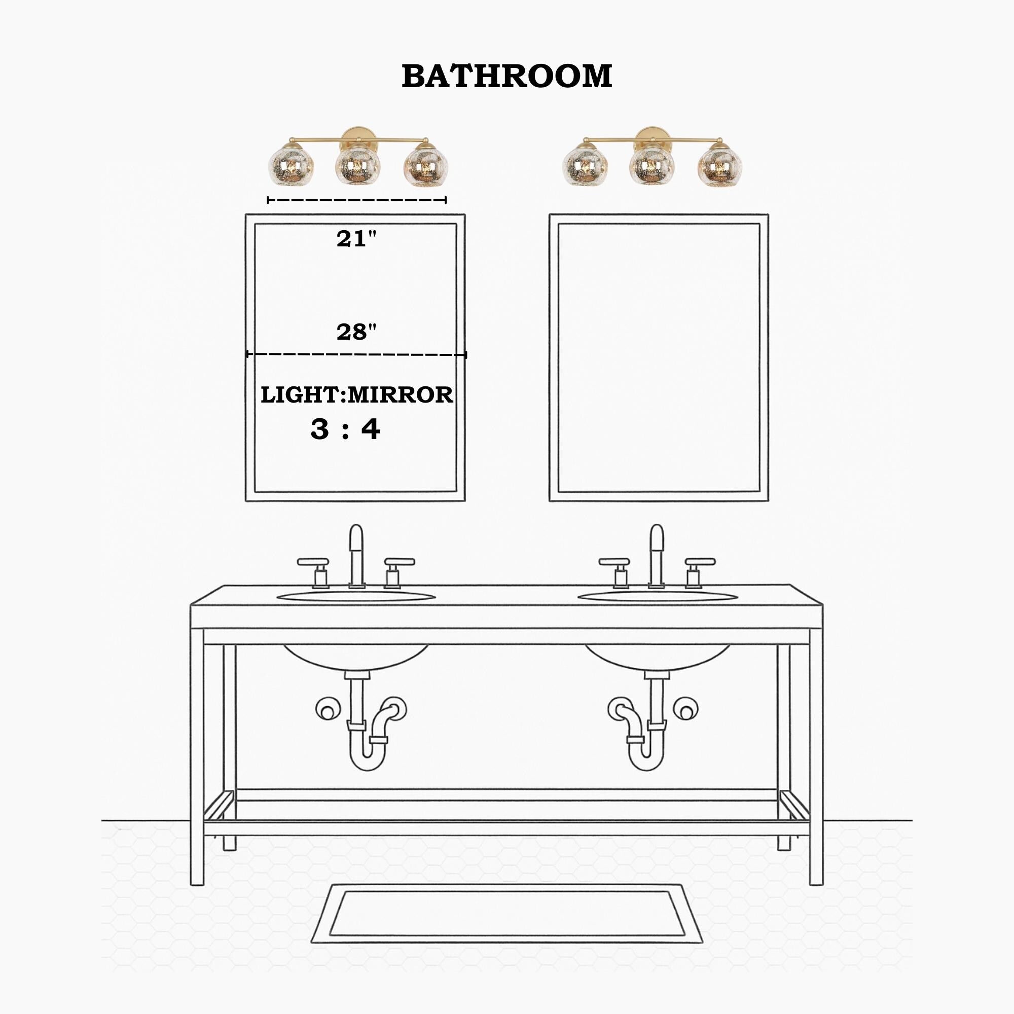 Mid-Century Modern Glam Gold Bathroom Vanity Light 3-Light Wall Lamp with Mercury Glass - 21 L x 7 W x 8 H