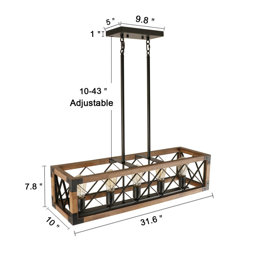 Modern Farmhouse 5-Light Wood Rectangle Chandelier Cage Island Lights for Dining Room - 31.6L x 10 W x 7.8 H