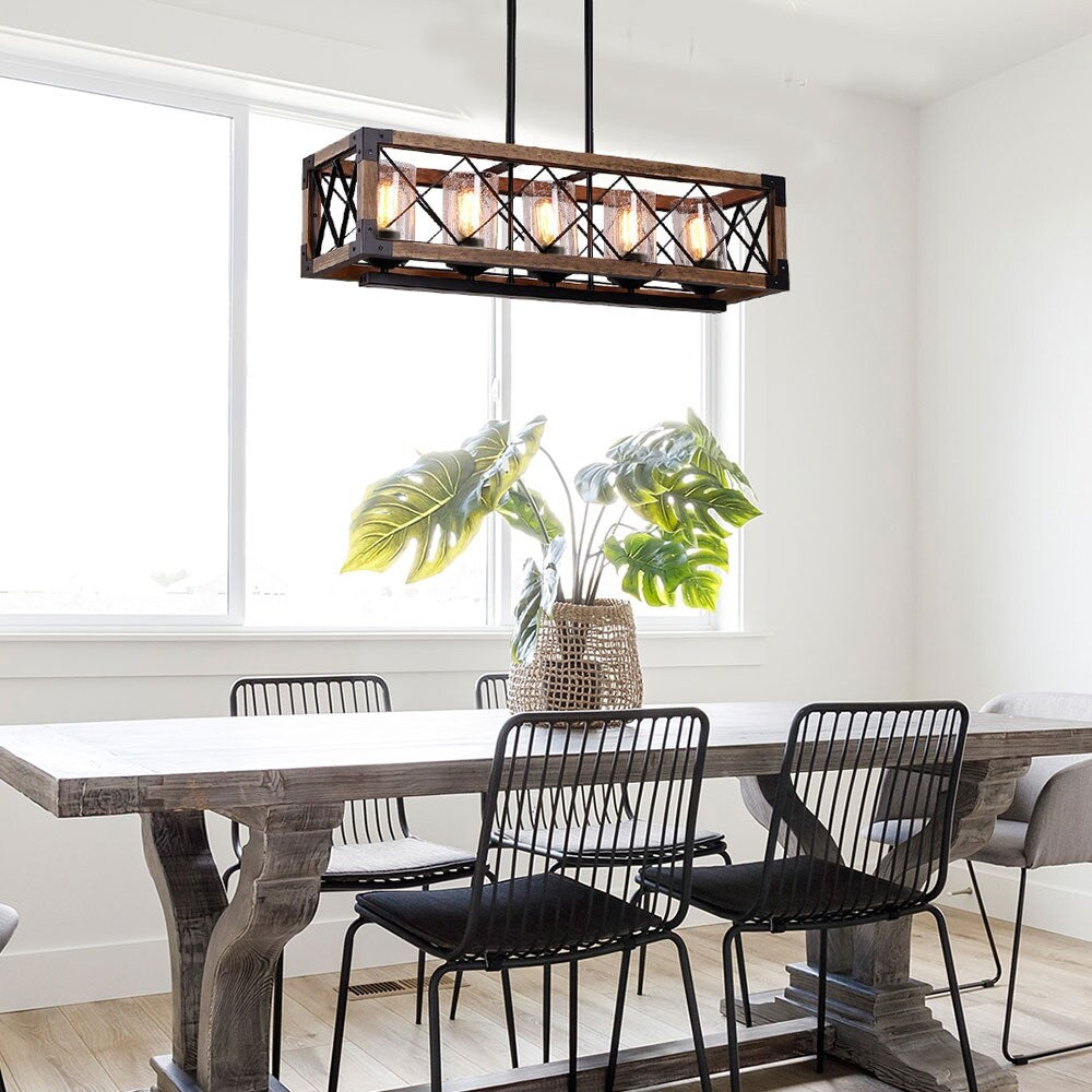 Modern Farmhouse 5-Light Wood Rectangle Chandelier Seeded Glass Kitchen Island Lights for Dining Room - 31.5 L x 8.75 W x 8 H