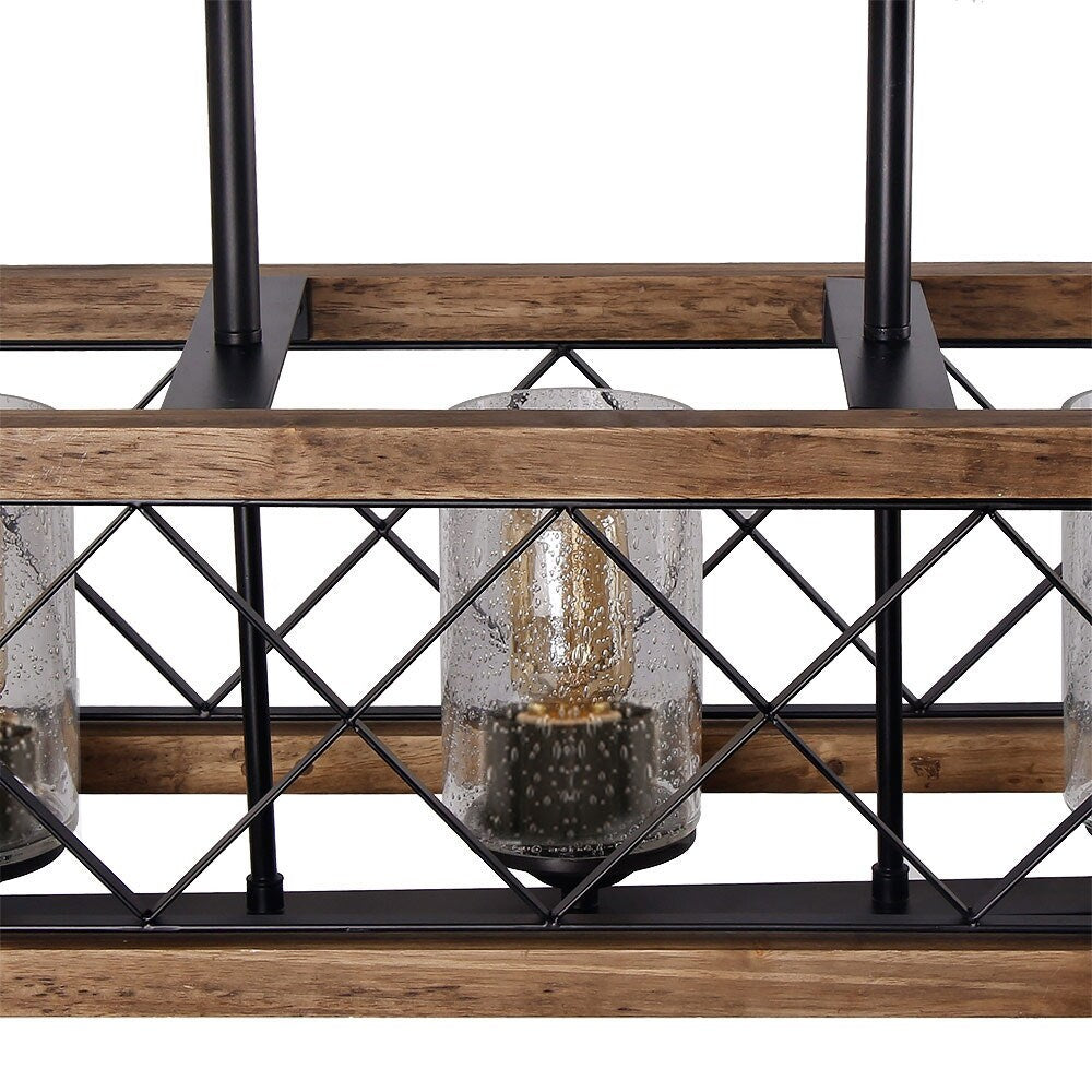 Modern Farmhouse 5-Light Wood Rectangle Chandelier Seeded Glass Kitchen Island Lights for Dining Room - 31.5 L x 8.75 W x 8 H