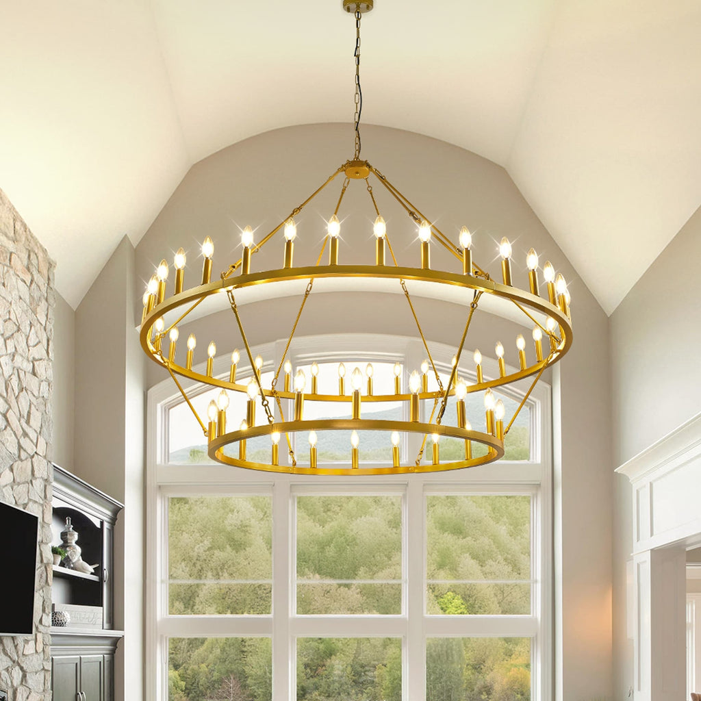 Modern Farmhouse Chandelier 2 Tier Round Wagon Wheel Chandelier Large High Ceiling Light.