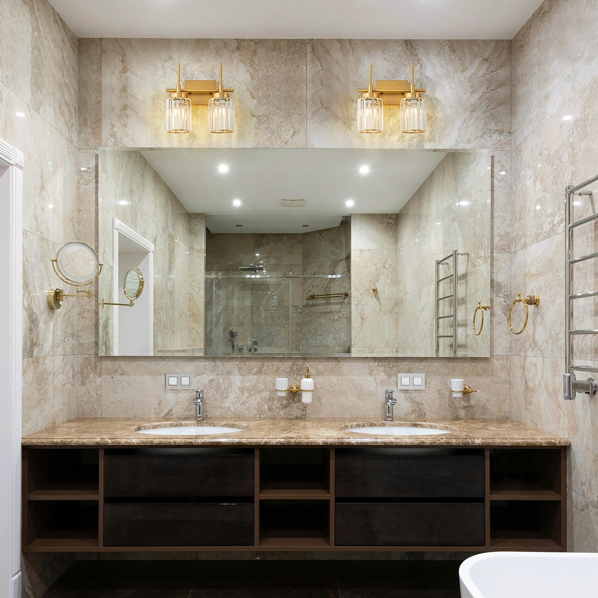 Modern Gold Dimmable Wall Light Glam Cylinder Bathroom Crystal Vanity Light Wall Sconces