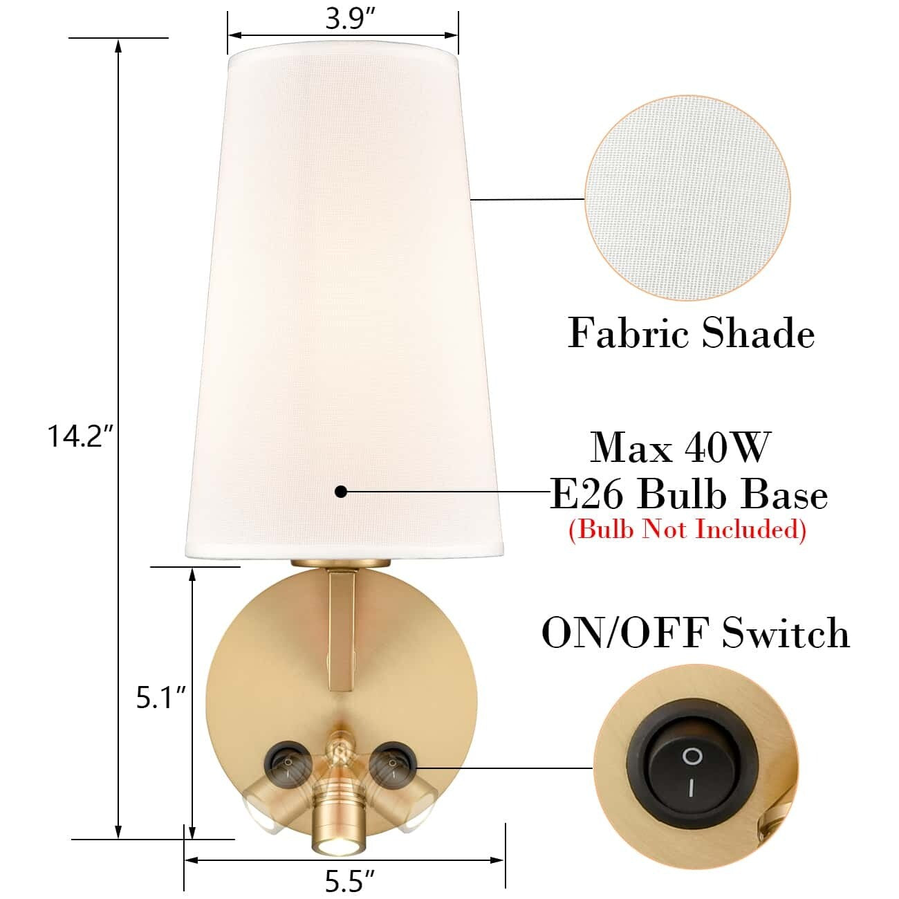 Morbihan Wall Sconce Set of 2 Fabric Wall Lamp with USB Port and Switch