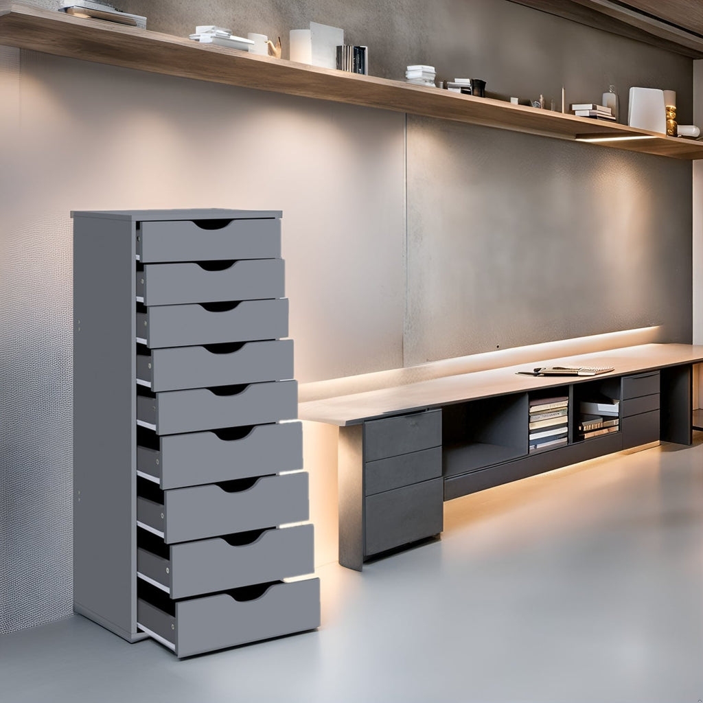 Narrow Wooden 9-Drawer Cabinet with Smooth-Glide Drawers and Top Storage Shelf