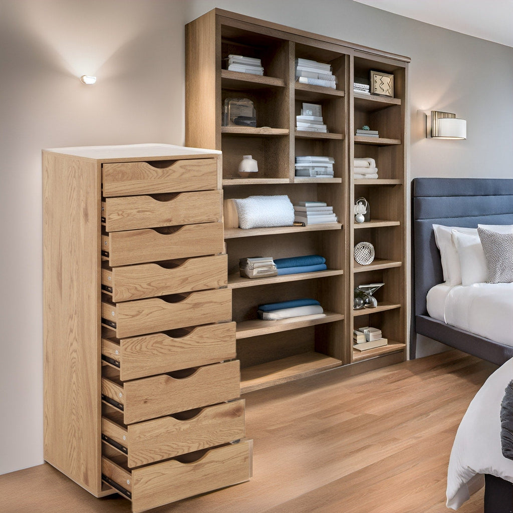 Narrow Wooden 9-Drawer Cabinet with Smooth-Glide Drawers and Top Storage Shelf