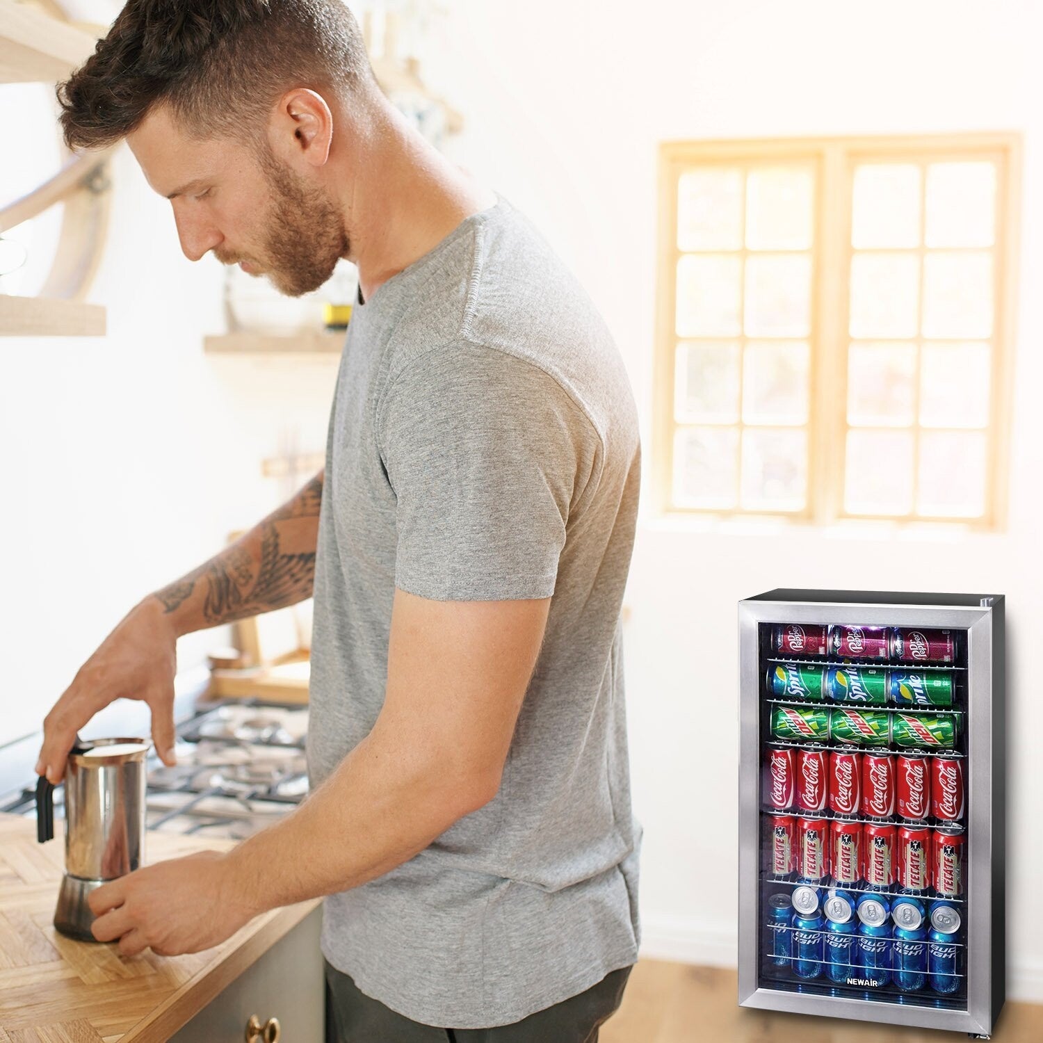 Newair 126-Can Capacity Beverage Refrigerator, Mini Fridge with Glass Door and Adjustable Shelves, Stainless Steel