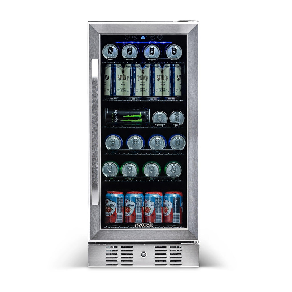 Newair 15 in. Built-in 96 Can Beverage Fridge in Stainless Steel with Temperature Controls and Adjustable Shelves
