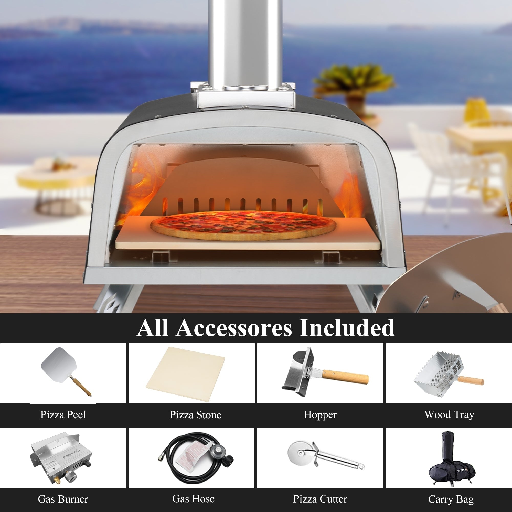 Multi-Fuel Outdoor Pizza Oven Stonebaked Pizza Maker with Gas Burner & Wood Box - 12 inch