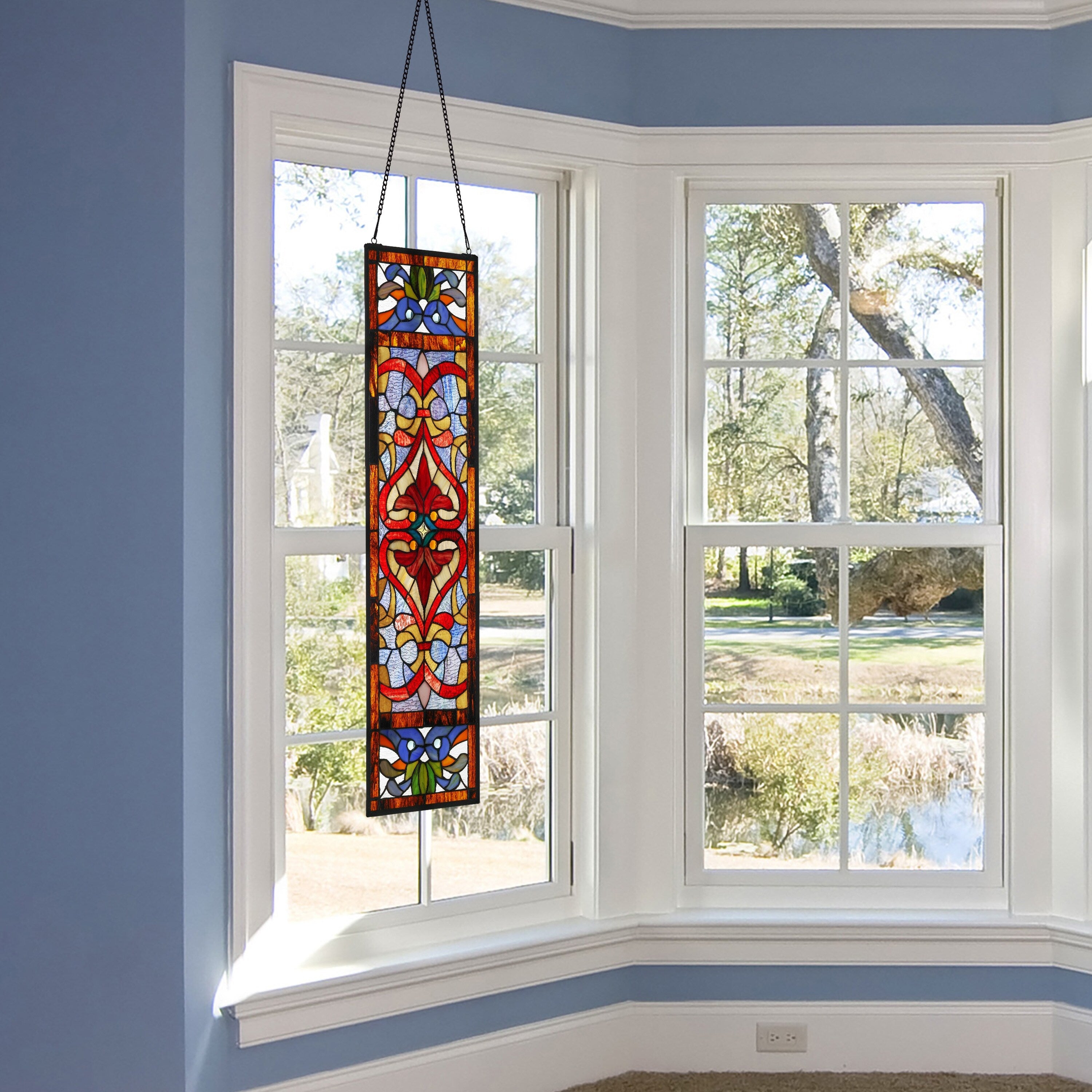 River of Goods Victorian Stained Glass Fleur De Lis Window Panel - 9.5L x 0.25W x 36H