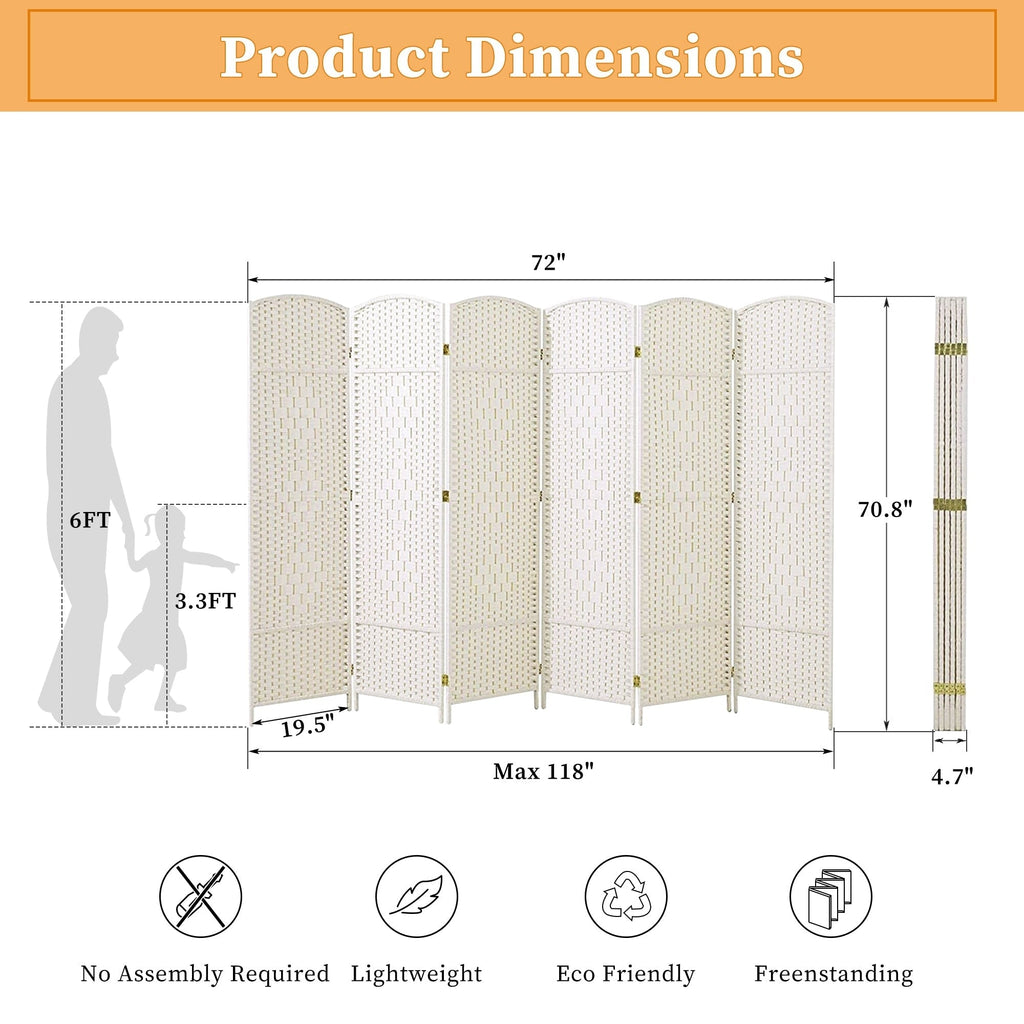 Room Divider 6 FT Tall Weave Fiber Freestanding Privacy Screen Folding Screen