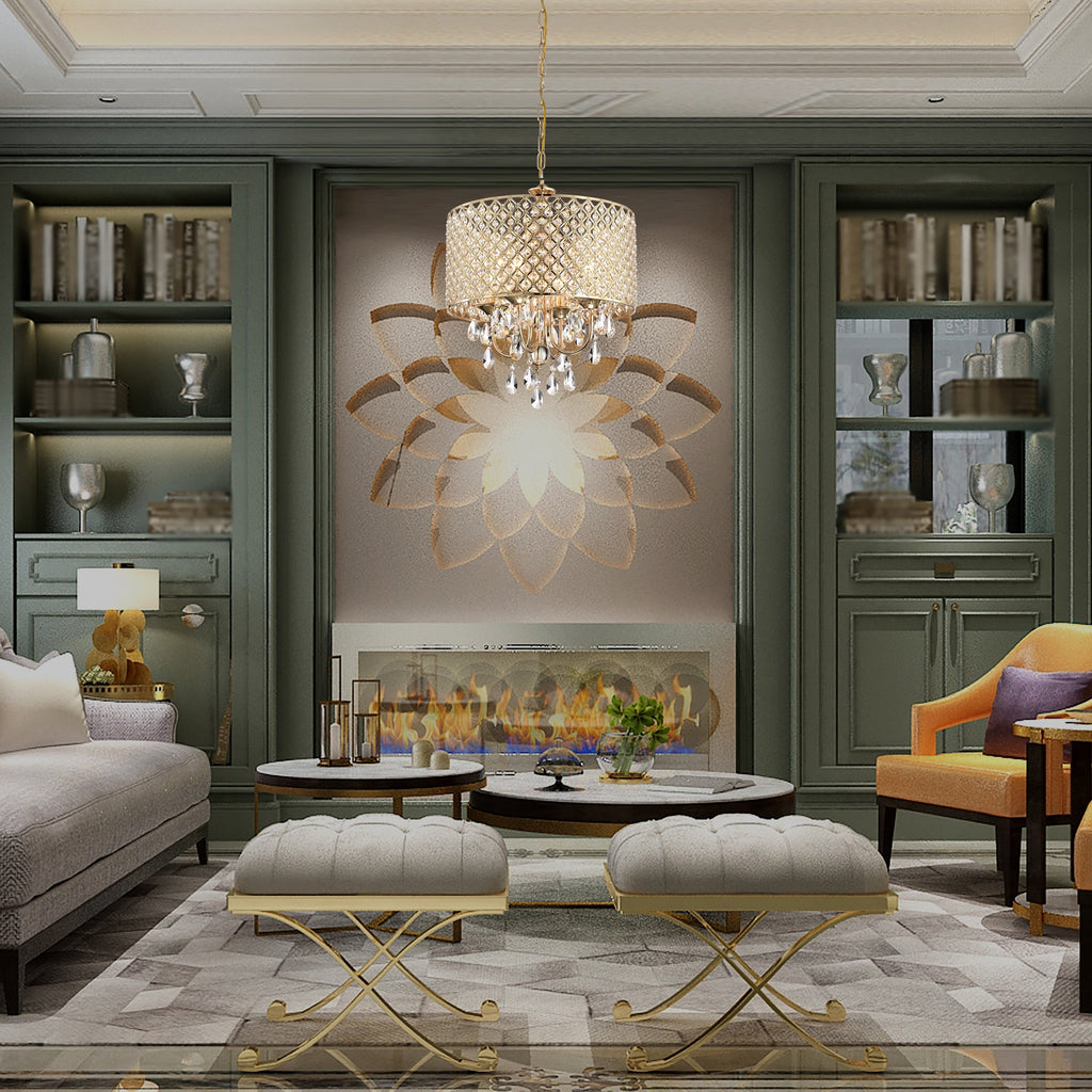 Round Beaded Drum Chandelier with Hanging Crystals