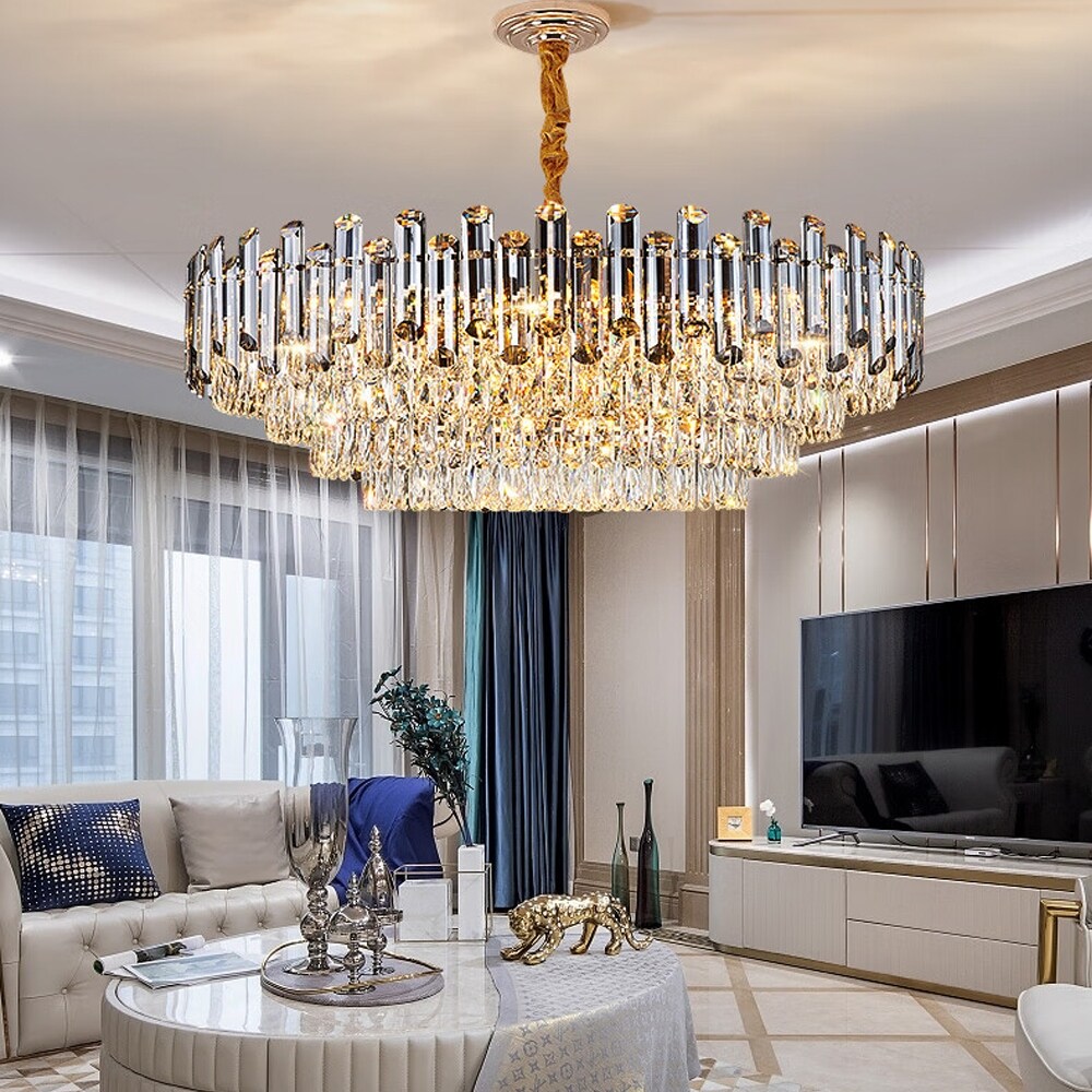 Round Layer Shining Crystal Ceiling Chandelier Lamp with 3 Color Lighting Pendant Light Fixture