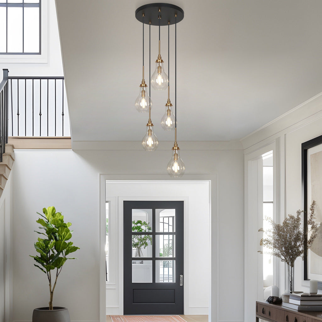 Synia Modern 5-Light Cluster Teardrop Glass Chandelier Stair Entryway Pendant Light for High Ceiling - D15'' x H18.2-74.2''