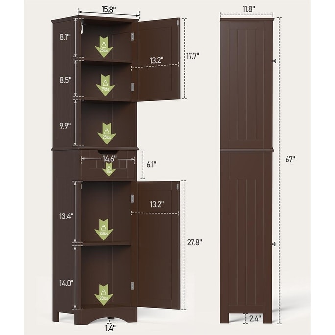 67'' Tall Bathroom Narrow Linen Cabinet, 5 Tiers Solid Wood Freestanding Storage Cabinet