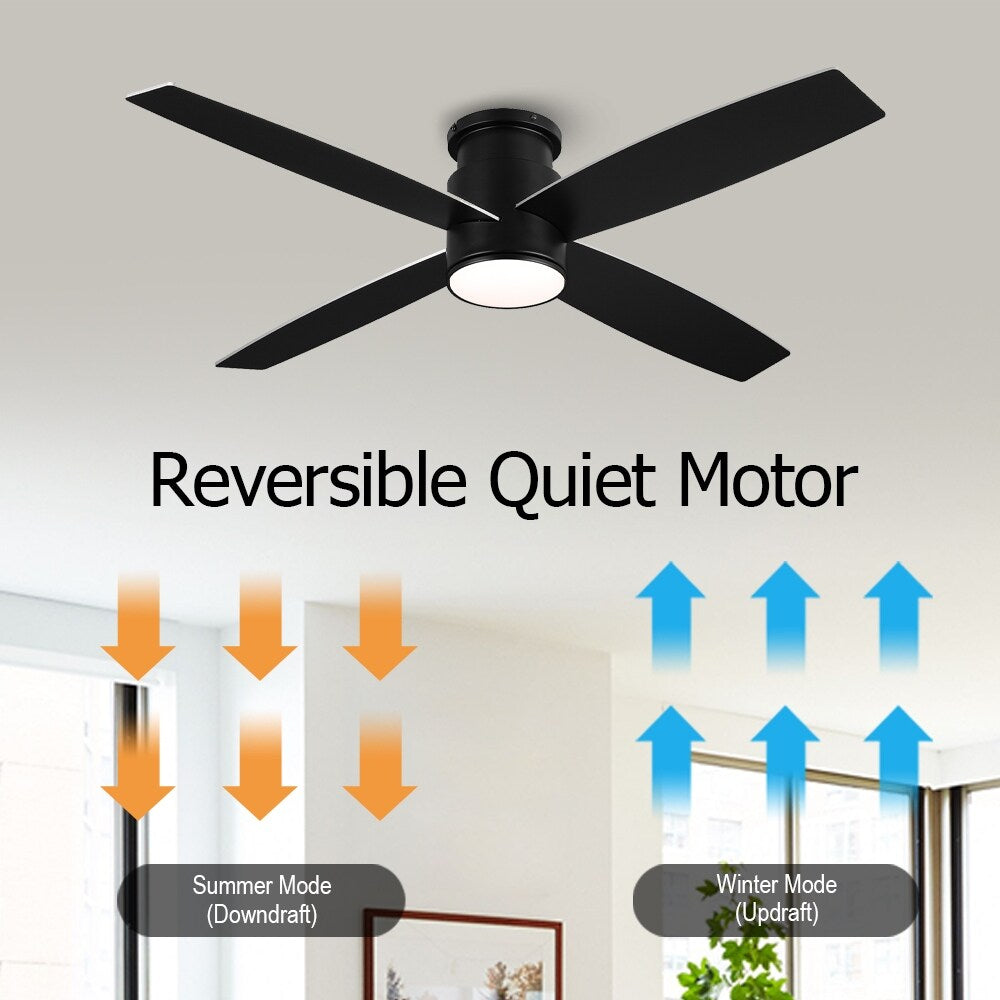 WINGBO 44/52 Inch Flush Mount DC Ceiling Fan with Lights and Remote, 4 Reversible Blades