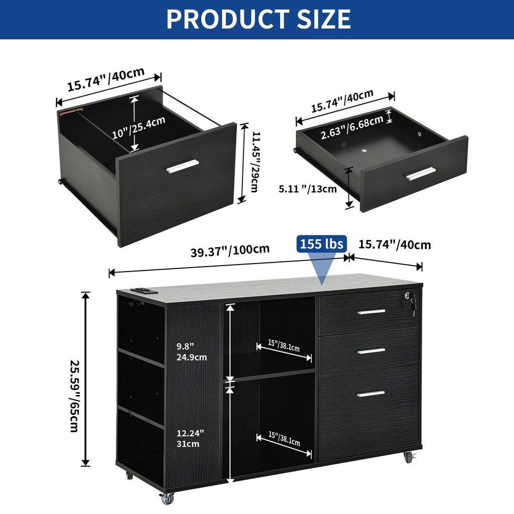 Wood File Cabinet with Charging Station Mobile Lateral Filing Cabinet Lockable Fits A4 Letter Legal Size Files